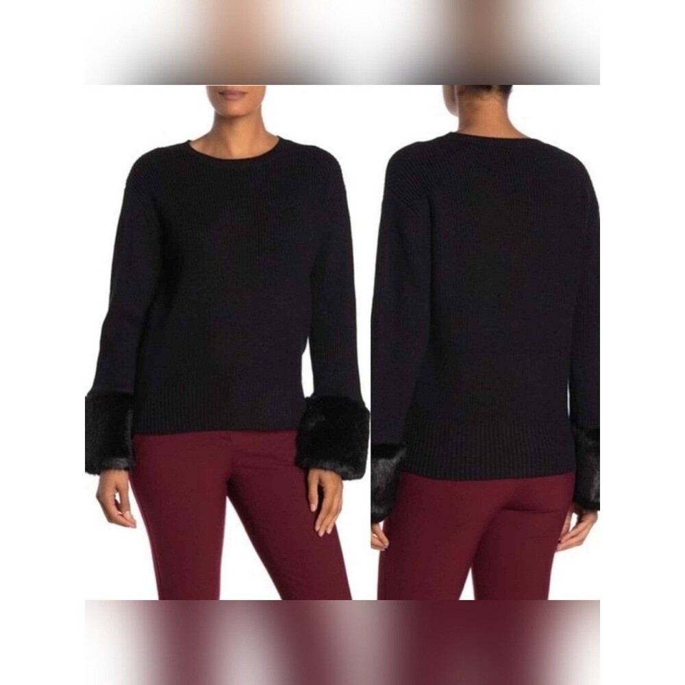 🆕 Love token Black Chunky Knit warm thick viscose sweater w faux fur cuffs_XS